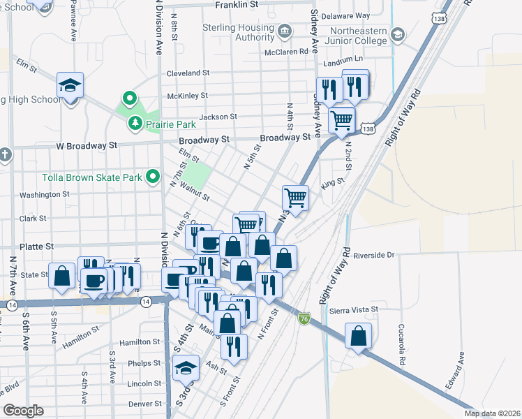 map of restaurants, bars, coffee shops, grocery stores, and more near 322 Walnut Street in Sterling