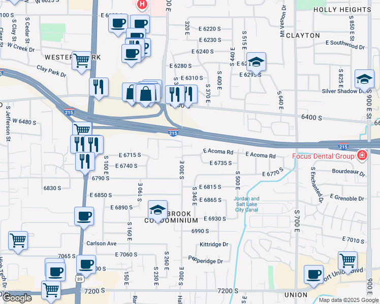map of restaurants, bars, coffee shops, grocery stores, and more near 333 Perrine Drive in Midvale