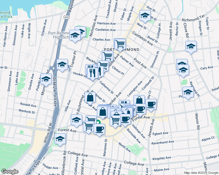map of restaurants, bars, coffee shops, grocery stores, and more near 146 Catherine Street in Staten Island