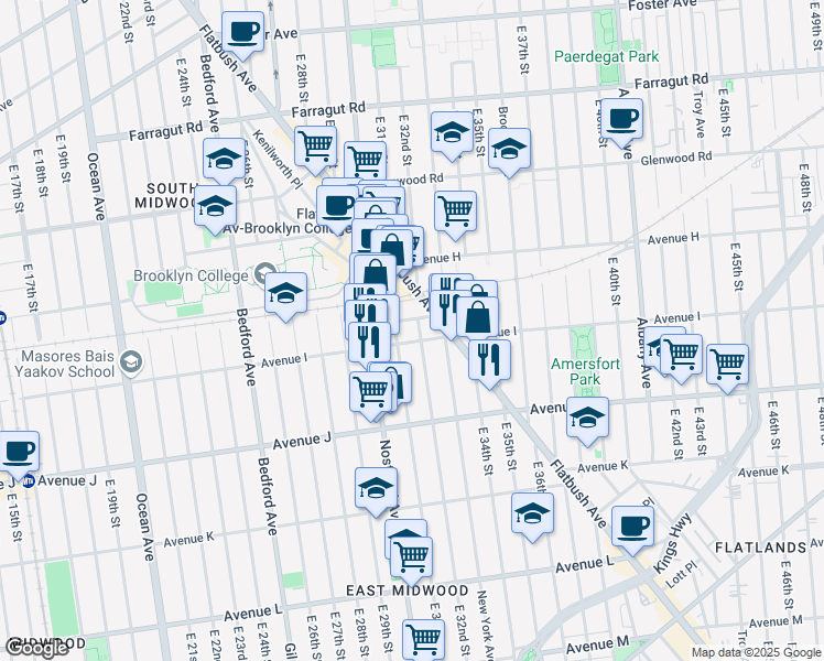 map of restaurants, bars, coffee shops, grocery stores, and more near 3115 Avenue I in Brooklyn