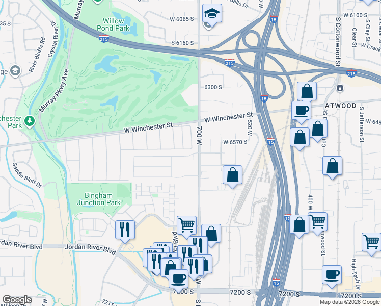 map of restaurants, bars, coffee shops, grocery stores, and more near 6640 700 West in Murray