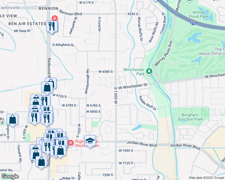 map of restaurants, bars, coffee shops, grocery stores, and more near 6760 South 1300 West in West Jordan
