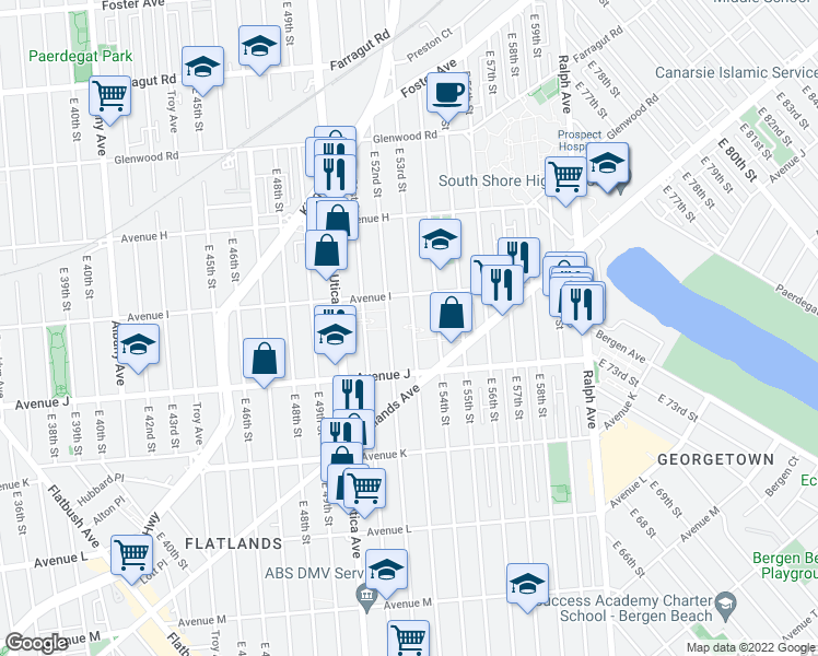 map of restaurants, bars, coffee shops, grocery stores, and more near 1265 East 52nd Street in Brooklyn