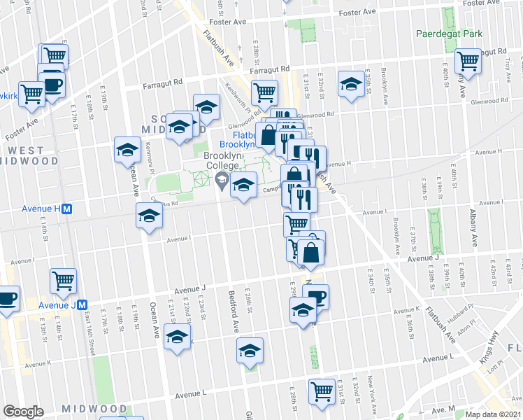 map of restaurants, bars, coffee shops, grocery stores, and more near 2701 Avenue I in Brooklyn
