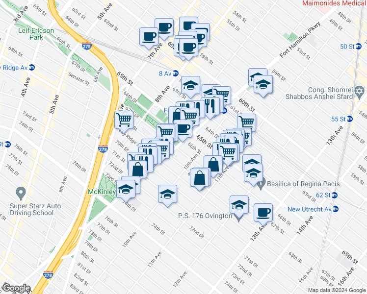 map of restaurants, bars, coffee shops, grocery stores, and more near 966 67th Street in Brooklyn