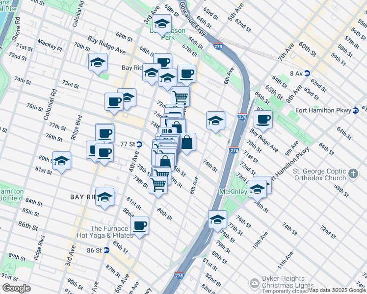 map of restaurants, bars, coffee shops, grocery stores, and more near 530 Bay Ridge Parkway in Brooklyn