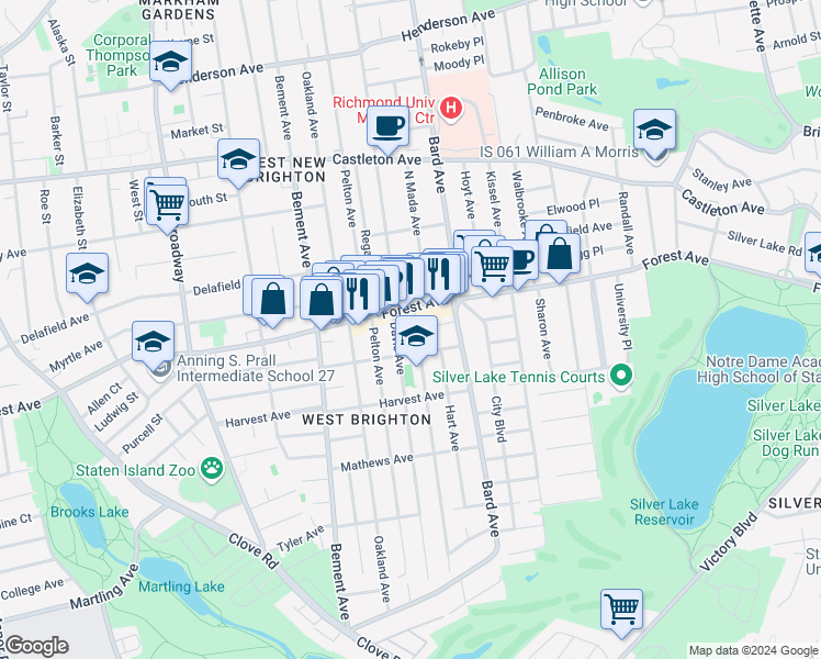 map of restaurants, bars, coffee shops, grocery stores, and more near 47 Morrison Avenue in Staten Island