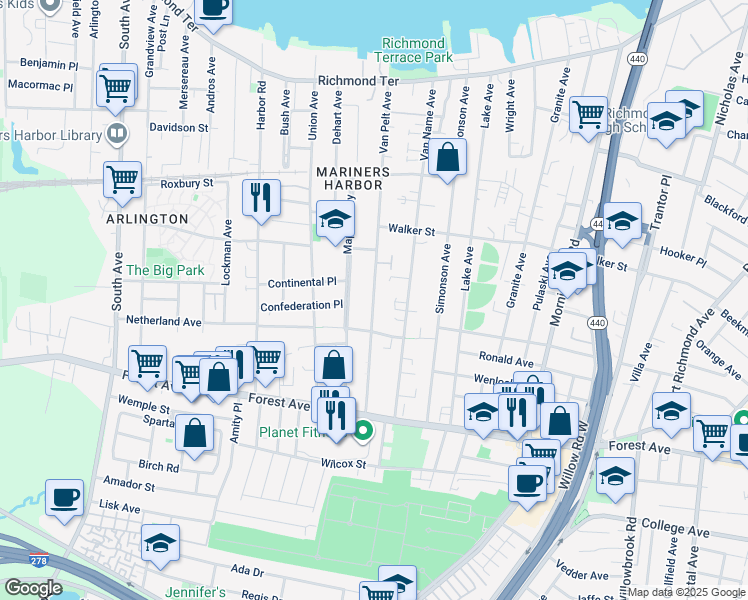 map of restaurants, bars, coffee shops, grocery stores, and more near 278 Van Pelt Avenue in Staten Island