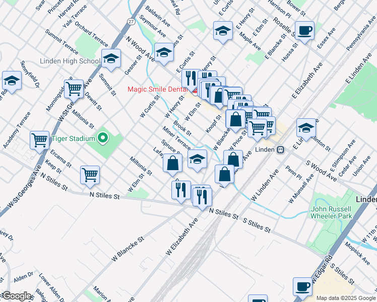map of restaurants, bars, coffee shops, grocery stores, and more near 501 Knopf Street in Linden