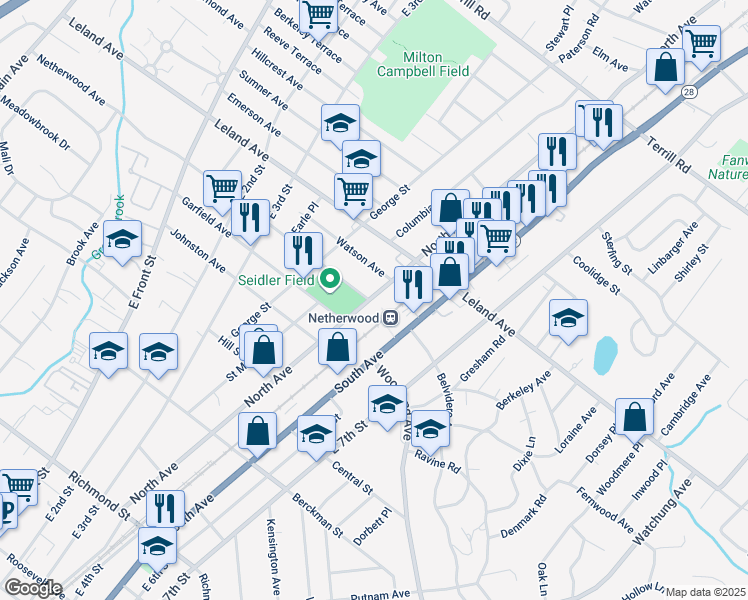 map of restaurants, bars, coffee shops, grocery stores, and more near in Plainfield