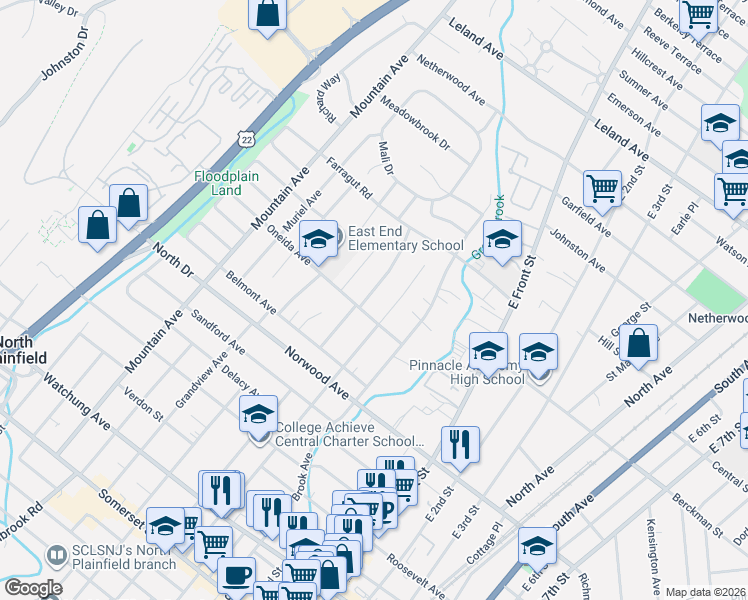 map of restaurants, bars, coffee shops, grocery stores, and more near 111 Oneida Avenue in North Plainfield