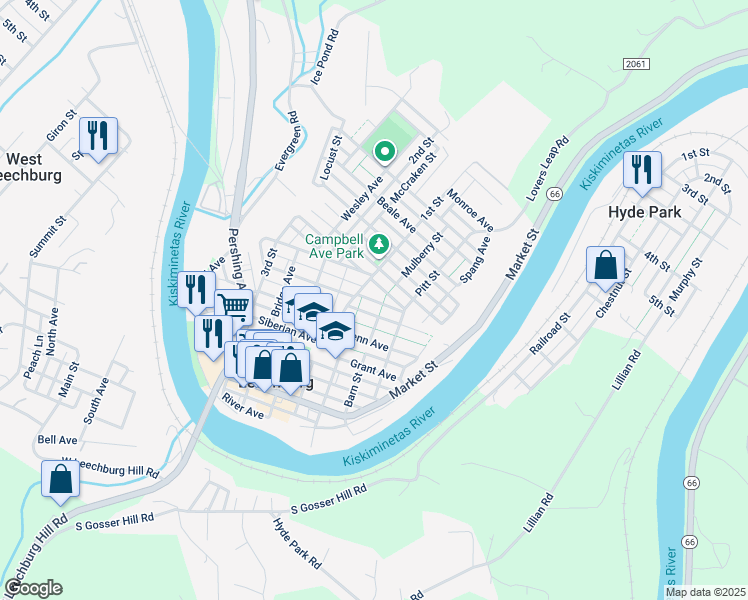 map of restaurants, bars, coffee shops, grocery stores, and more near 318 3181/2 Harrison Avenue in Leechburg