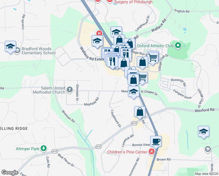 map of restaurants, bars, coffee shops, grocery stores, and more near 184 Manor Road in Wexford
