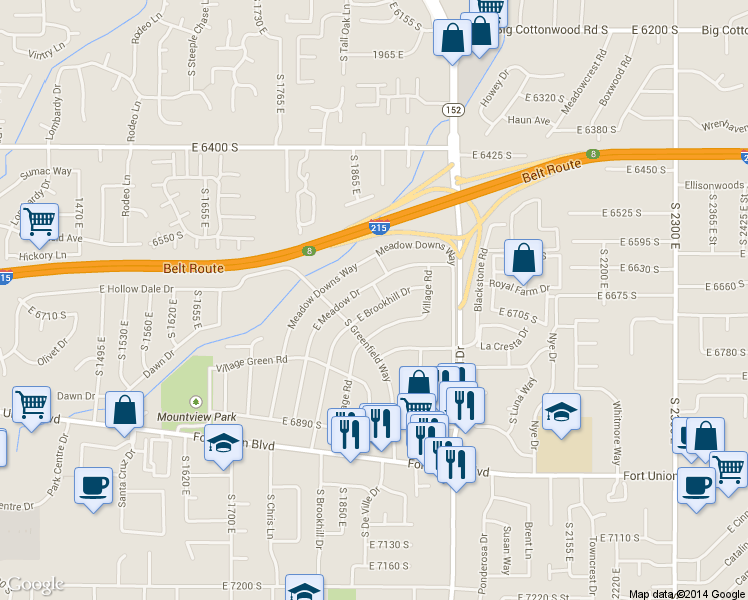 map of restaurants, bars, coffee shops, grocery stores, and more near 1895 East Brookhill Drive in Cottonwood Heights