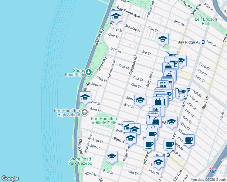 map of restaurants, bars, coffee shops, grocery stores, and more near 114 80th Street in Brooklyn