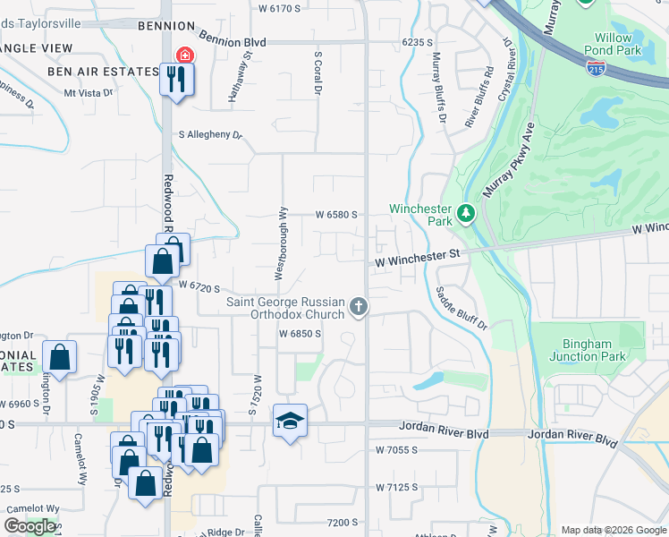 map of restaurants, bars, coffee shops, grocery stores, and more near 1360 West 6690 South in Salt Lake City
