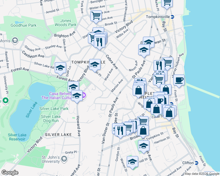 map of restaurants, bars, coffee shops, grocery stores, and more near 76 Occident Avenue in Staten Island