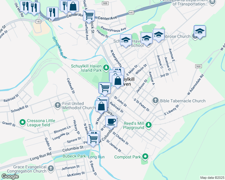 map of restaurants, bars, coffee shops, grocery stores, and more near 15 East Main Street in Schuylkill Haven