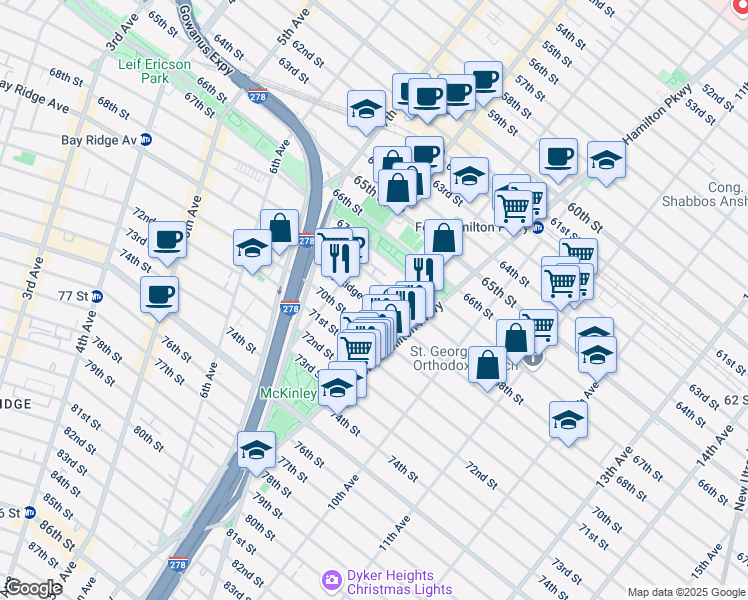 map of restaurants, bars, coffee shops, grocery stores, and more near 882 Bay Ridge Avenue in Brooklyn