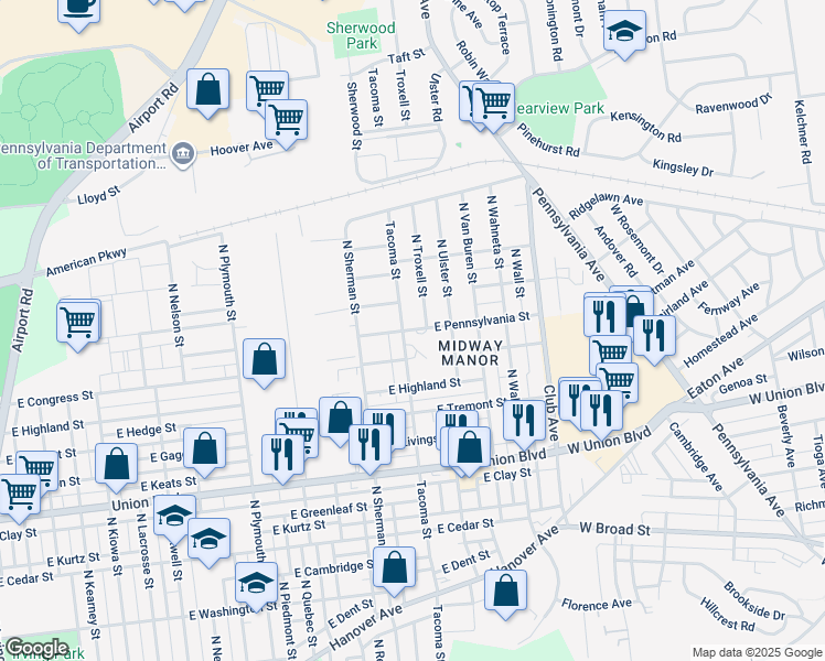 map of restaurants, bars, coffee shops, grocery stores, and more near 2020 East Pennsylvania Street in Allentown