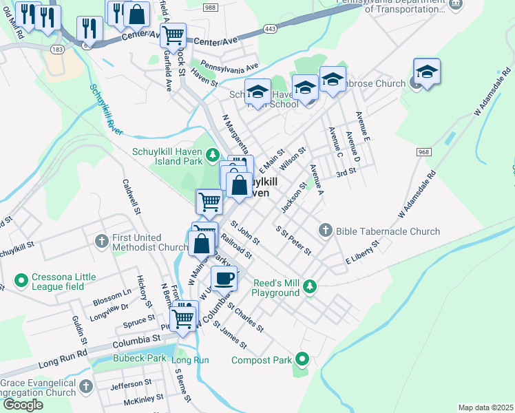 map of restaurants, bars, coffee shops, grocery stores, and more near 35 South Saint Peter Street in Schuylkill Haven