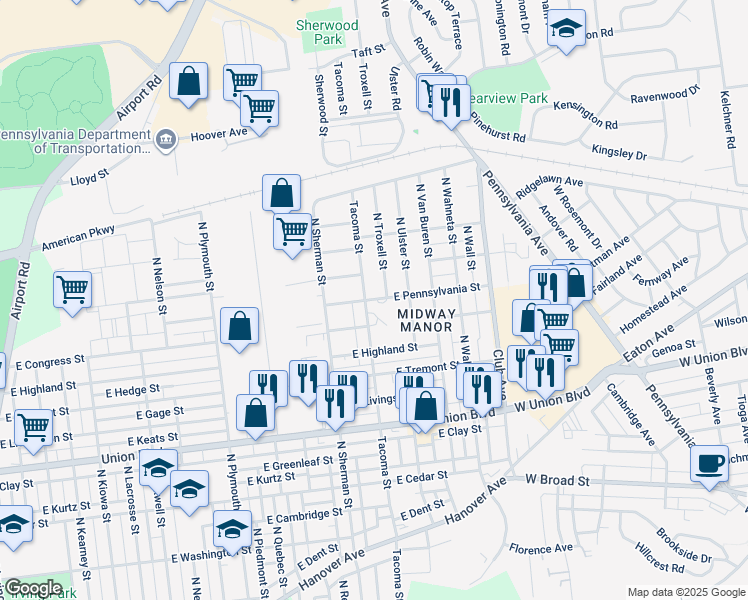 map of restaurants, bars, coffee shops, grocery stores, and more near 2020 East Pennsylvania Street in Allentown