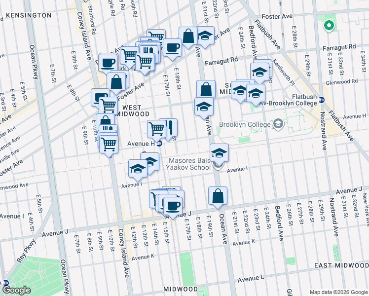 map of restaurants, bars, coffee shops, grocery stores, and more near 856 East 18th Street in Brooklyn