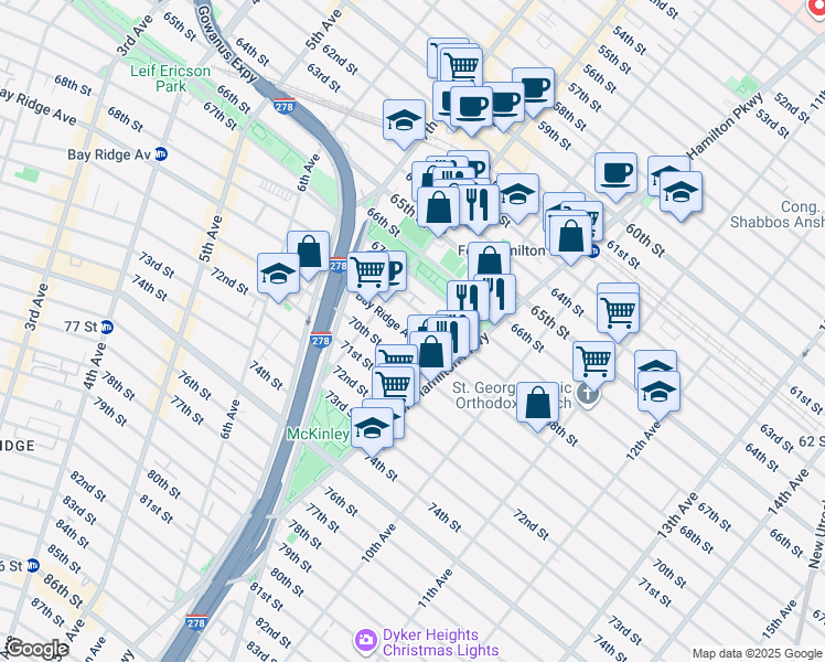 map of restaurants, bars, coffee shops, grocery stores, and more near 839 68th Street in Brooklyn