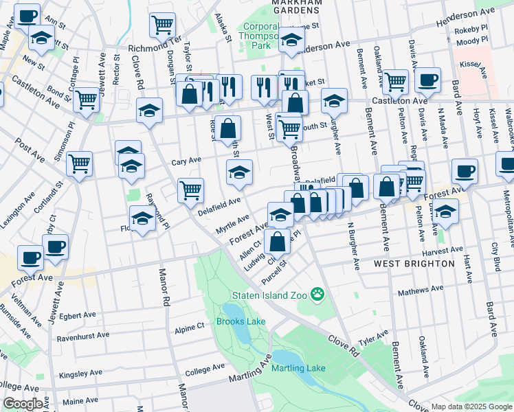 map of restaurants, bars, coffee shops, grocery stores, and more near 623 Delafield Avenue in Staten Island