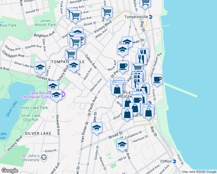 map of restaurants, bars, coffee shops, grocery stores, and more near 169 Beach Street in Staten Island