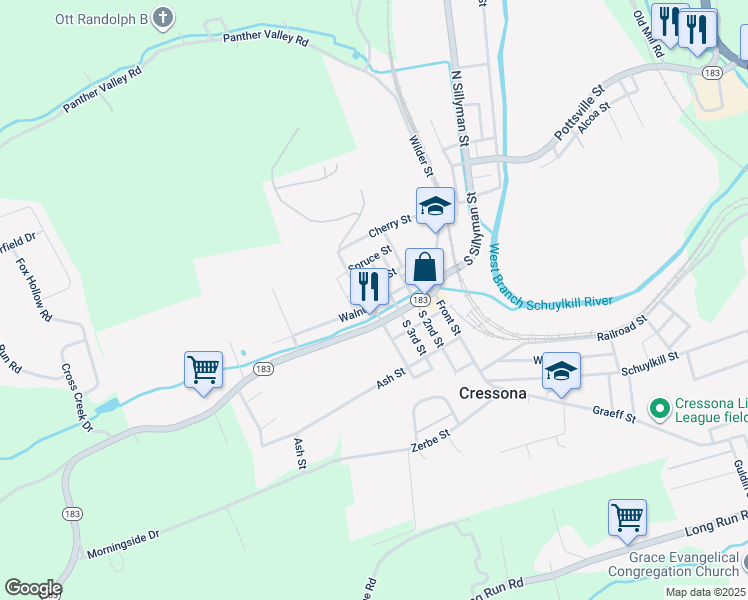 map of restaurants, bars, coffee shops, grocery stores, and more near 60 Walnut Street in Cressona