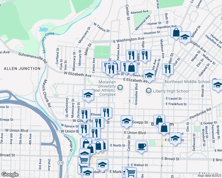 map of restaurants, bars, coffee shops, grocery stores, and more near 1128 North New Street in Bethlehem