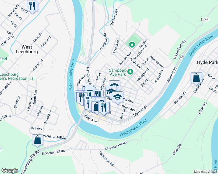 map of restaurants, bars, coffee shops, grocery stores, and more near 126 Floral Avenue in Leechburg