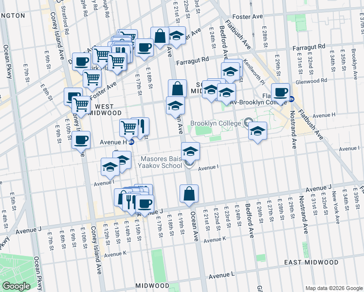 map of restaurants, bars, coffee shops, grocery stores, and more near 1375 Ocean Avenue in Brooklyn