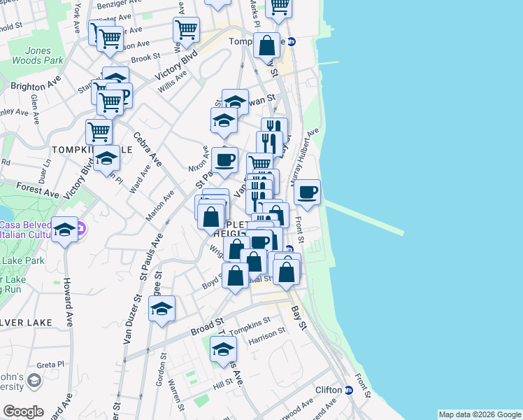 map of restaurants, bars, coffee shops, grocery stores, and more near 478-480 Bay Street in Staten Island