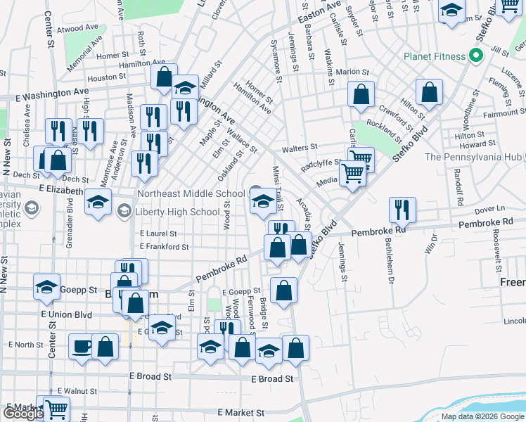 map of restaurants, bars, coffee shops, grocery stores, and more near 1110 Fernwood Street in Bethlehem