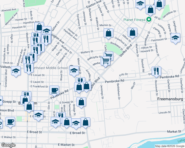 map of restaurants, bars, coffee shops, grocery stores, and more near 821 East Washington Avenue in Bethlehem