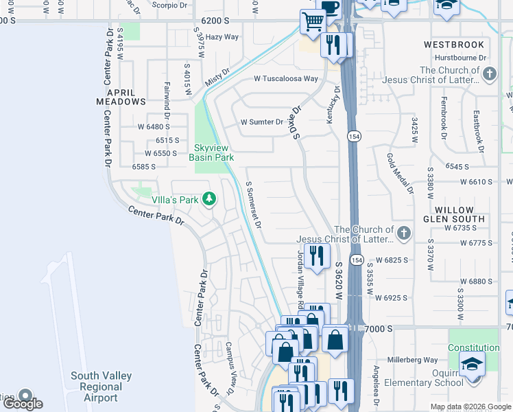 map of restaurants, bars, coffee shops, grocery stores, and more near 6695 South Somerset Drive in West Jordan