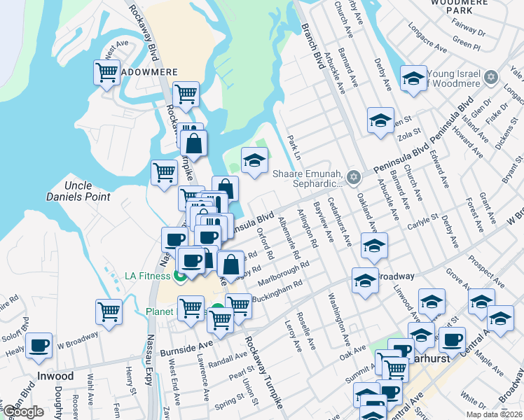map of restaurants, bars, coffee shops, grocery stores, and more near 574 Albemarle Place in Cedarhurst