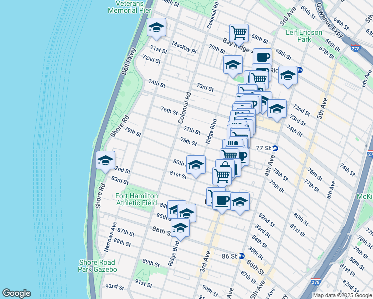 map of restaurants, bars, coffee shops, grocery stores, and more near 145 78th Street in Brooklyn