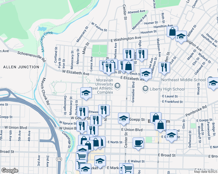 map of restaurants, bars, coffee shops, grocery stores, and more near 1214 North New Street in Bethlehem