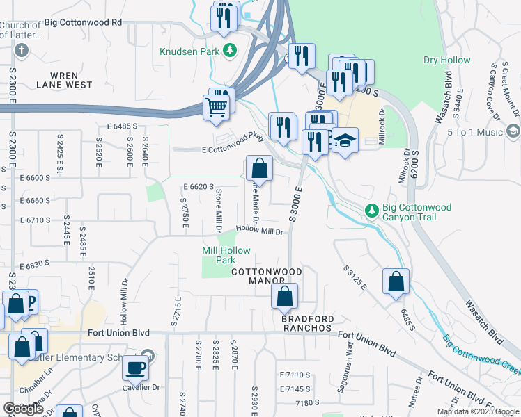 map of restaurants, bars, coffee shops, grocery stores, and more near 6669 Anne Marie Drive in Cottonwood Heights