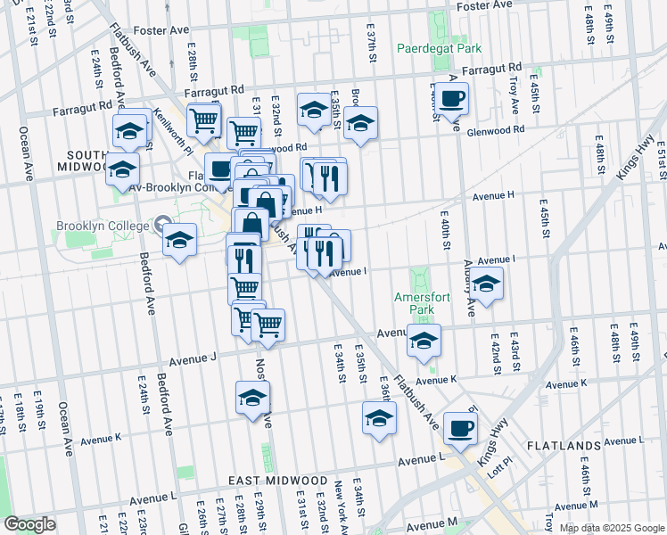 map of restaurants, bars, coffee shops, grocery stores, and more near 1655 Flatbush Avenue in Brooklyn