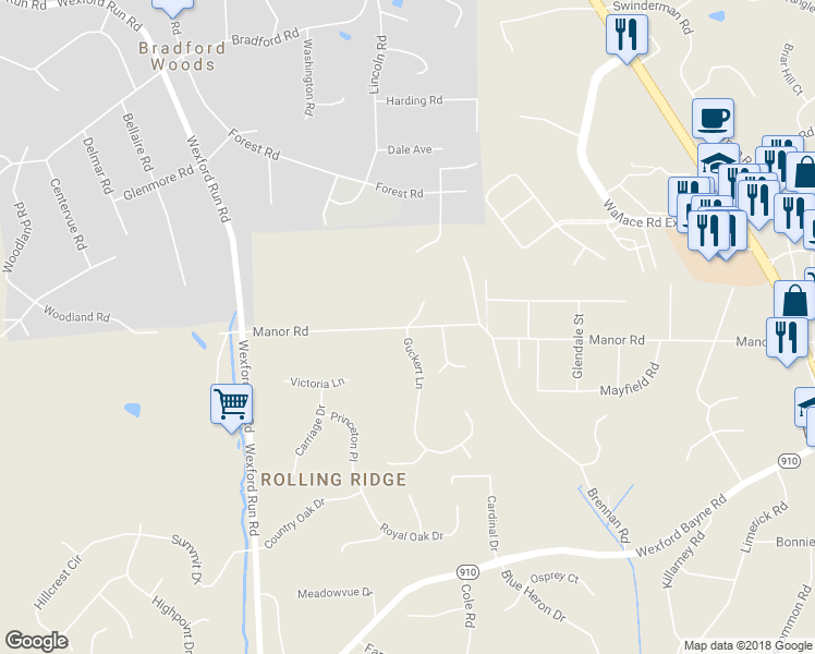 map of restaurants, bars, coffee shops, grocery stores, and more near 102 Kings Court in Bradford Woods