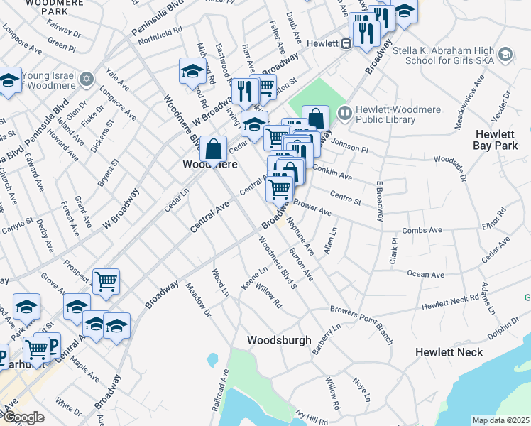 map of restaurants, bars, coffee shops, grocery stores, and more near 41 Lafayette Place in Woodmere