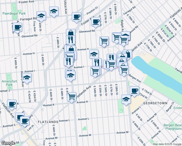map of restaurants, bars, coffee shops, grocery stores, and more near 5320 Avenue I in Brooklyn