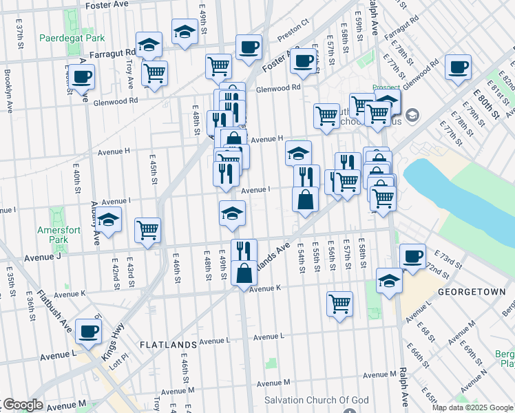 map of restaurants, bars, coffee shops, grocery stores, and more near 5202 Avenue I in Brooklyn