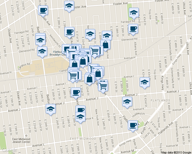 map of restaurants, bars, coffee shops, grocery stores, and more near 1655 Flatbush Avenue in Brooklyn