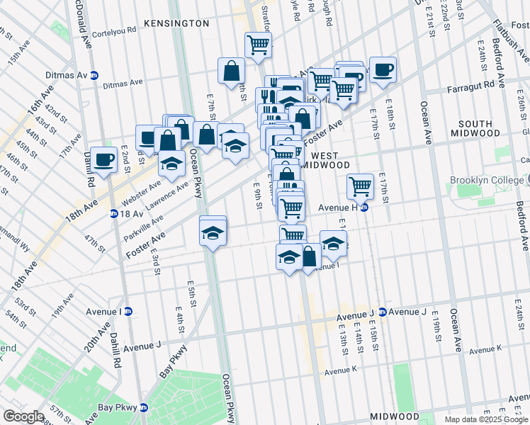 map of restaurants, bars, coffee shops, grocery stores, and more near 751 East 9th Street in Brooklyn