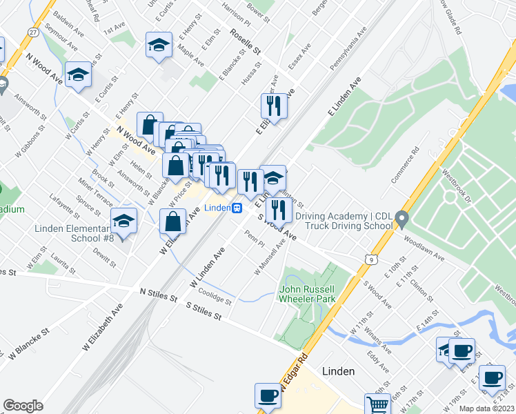 map of restaurants, bars, coffee shops, grocery stores, and more near 20 Pennsylvania Railroad Avenue in Linden